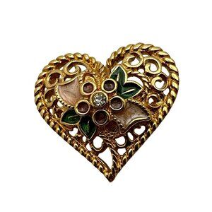 Sweet Filigree Heart Pin Pendant in one I Love You Message Avon Enamel Gold Tone